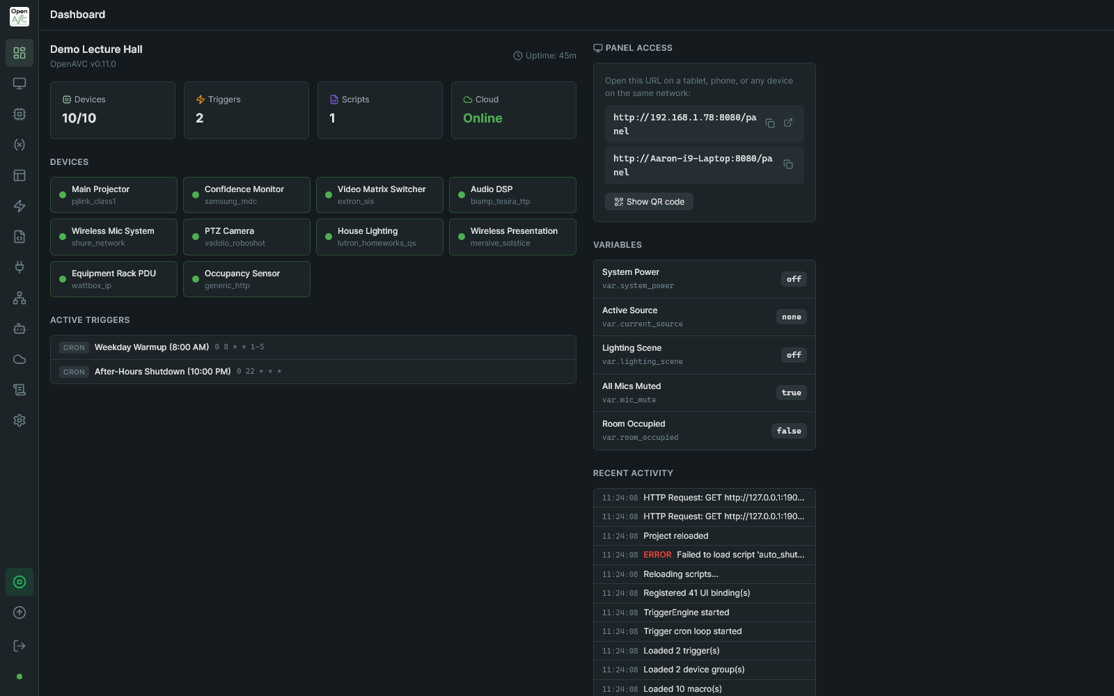 OpenAVC Programmer dashboard showing 10 devices online in a lecture hall project